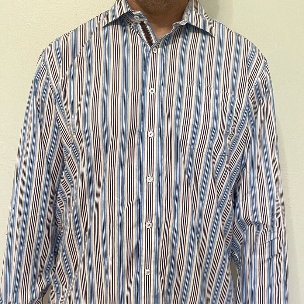 Bugatchi Size 2XL Blue Brown Tan White Striped Button Down Shirt